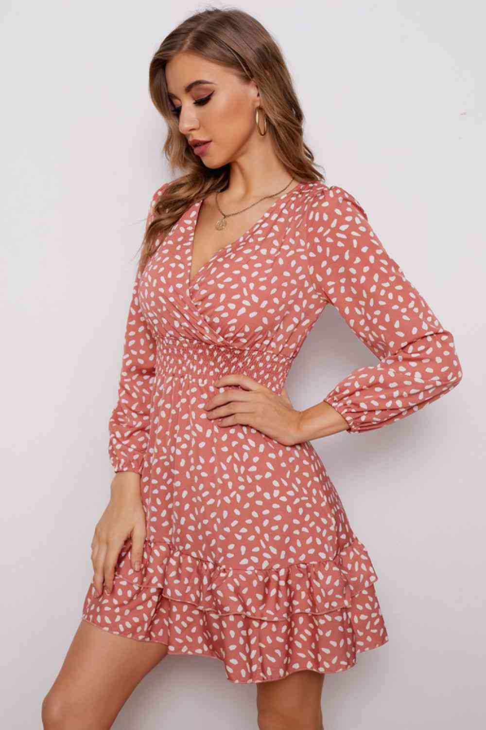 Printed Surplice Neck Puff Sleeve Ruffle Hem Dress