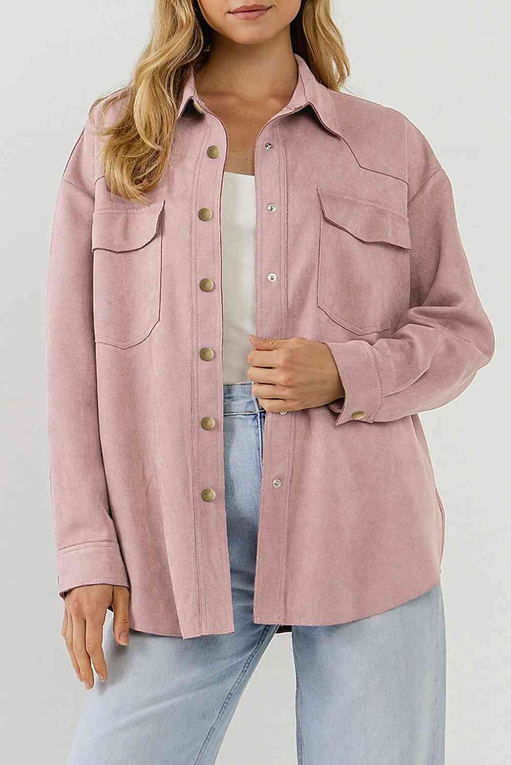 Double Take Suede Snap Front Dropped Shoulder Jacket