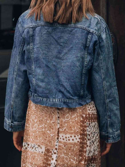 Veste en jean effet vieilli à col boutonné