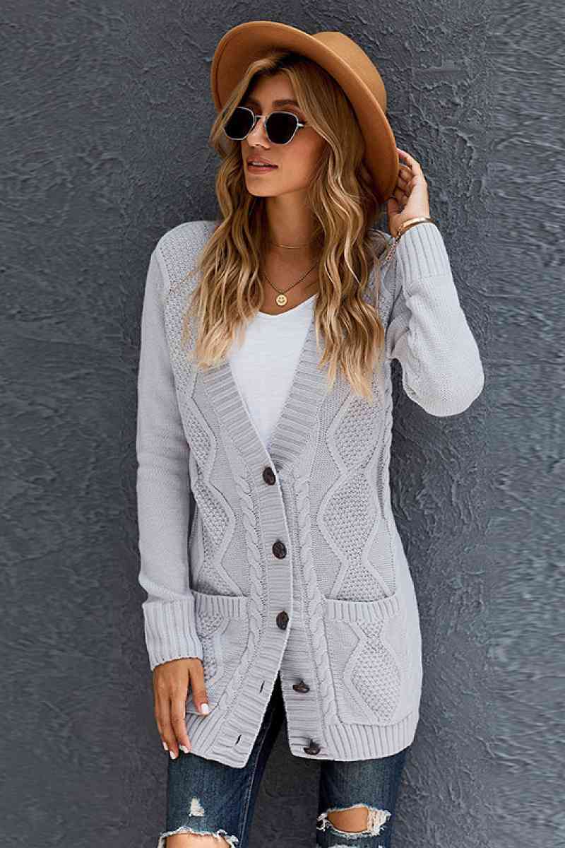 Woven Right Button Pocket Cable Knit Cardigan