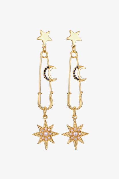 Pendientes colgantes con forma de estrella y luna de perlas con incrustaciones