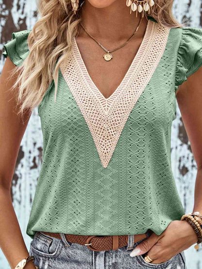 Contrast V-Neck Eyelet Top