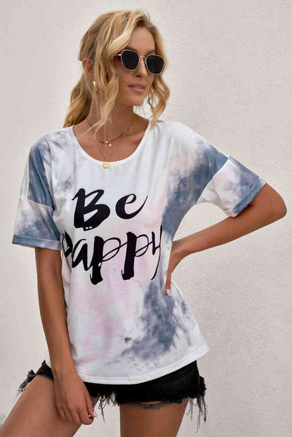 Camiseta estampada con cuello redondo BE HAPPY