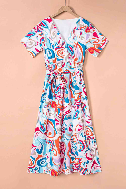 Printed Short Sleeve Tie Waist Dress