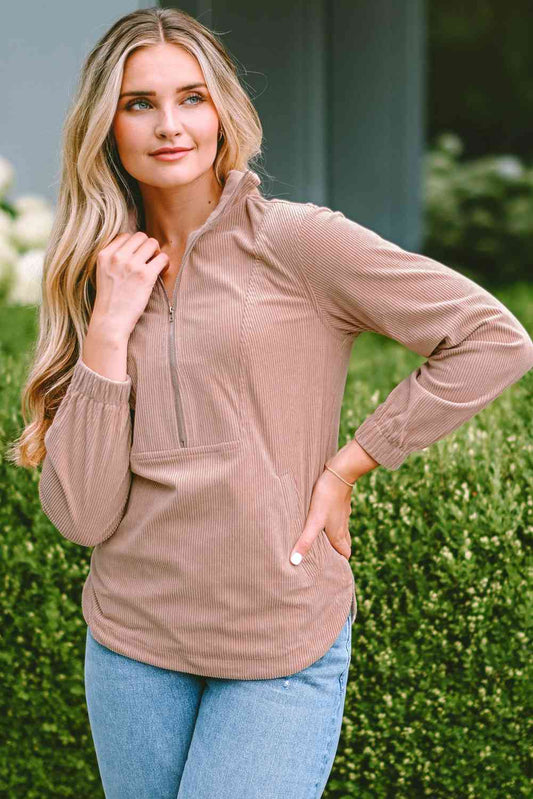 Ribbed Zip-Up Long Sleeve Sweatshirt