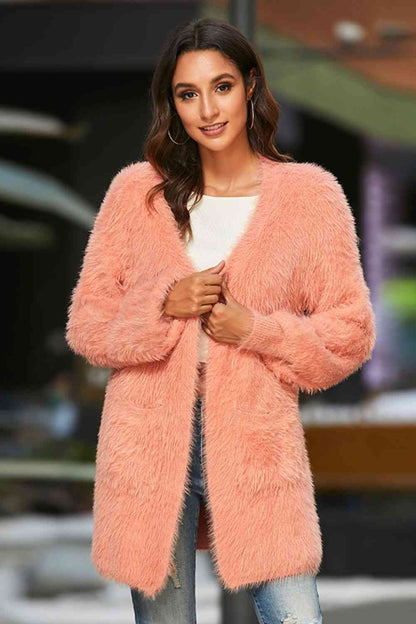 Open Front Fuzzy Cardigan with Pockets