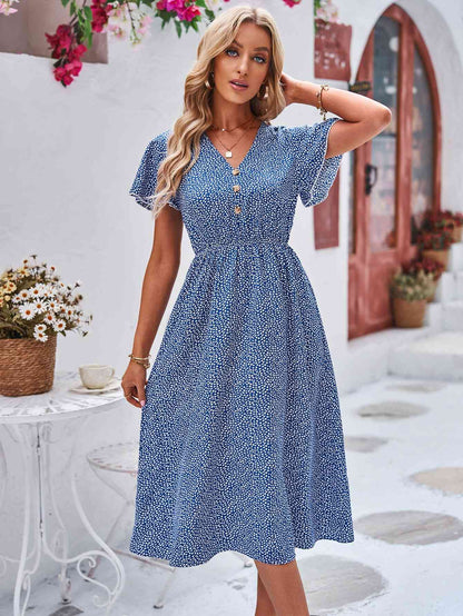 Printed Decorative Button Flutter Sleeve Dress