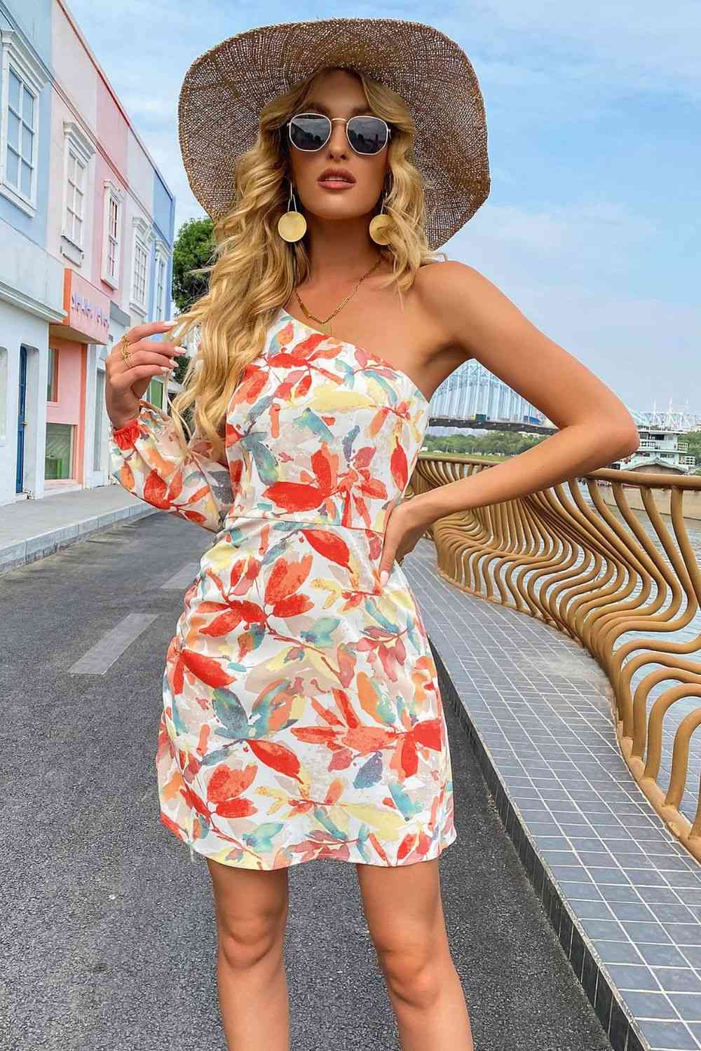 Printed One-Shoulder Drawstring Mini Dress