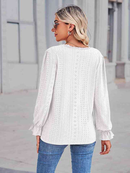 Eyelet V-Neck Flounce Sleeve Blouse