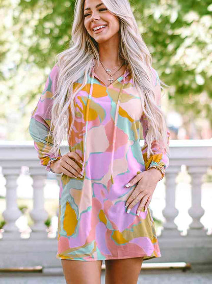 Printed Tie Neck Long Sleeve Dress