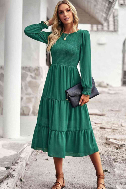 Smocked Round Neck Flounce Sleeve Midi Dress