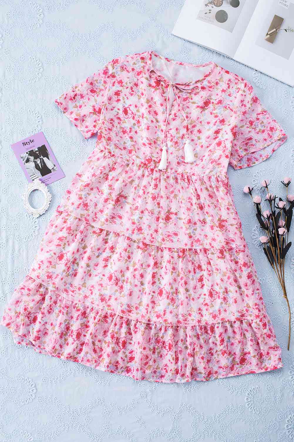 Floral Tassel Tie Tiered Dress