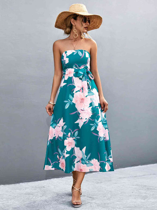 Vestido midi con estampado floral y cintura anudada con cuello recto