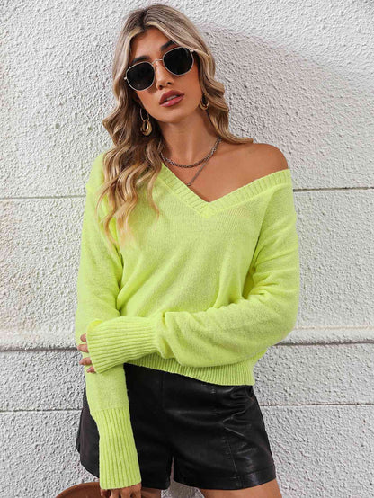 V-Neck Dropped Shoulder Long Sleeve Knit Top