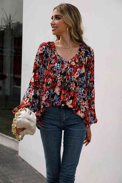 Blouse froncée à manches ballon et imprimé floral