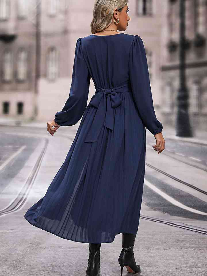 V-Neck Long Sleeve Pleated Slit Dress