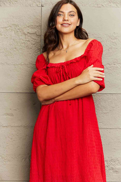 Ruffle Trim Square Neck Midi Dress