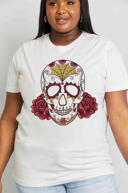 Camiseta de algodón con estampado de calavera de tamaño completo de Simply Love