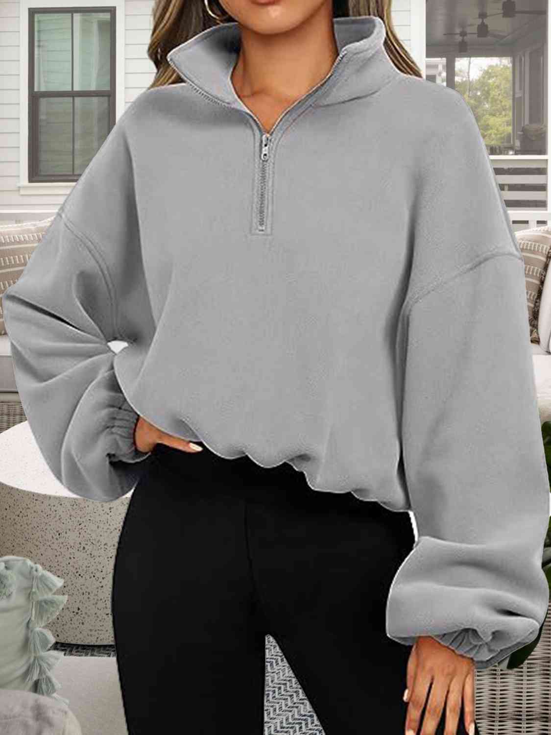 Half-Zip Collared Drop Shoulder Fleece Sweatshirt