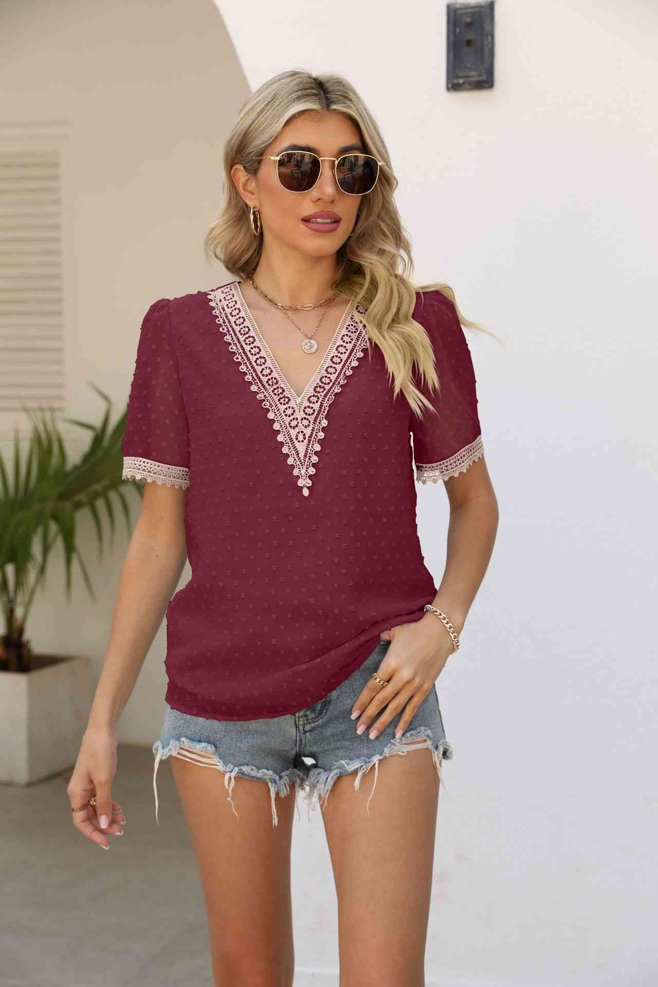 Contrast V-Neck Swiss Dot Top