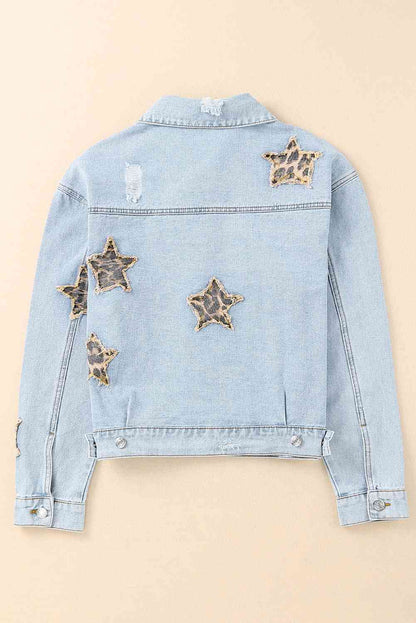 Veste en jean effet vieilli avec applique léopard et étoiles