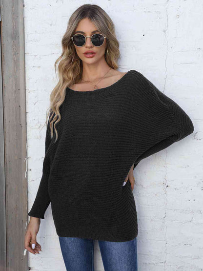 Full Size Horizontal Ribbing Dolman Sleeve Sweater