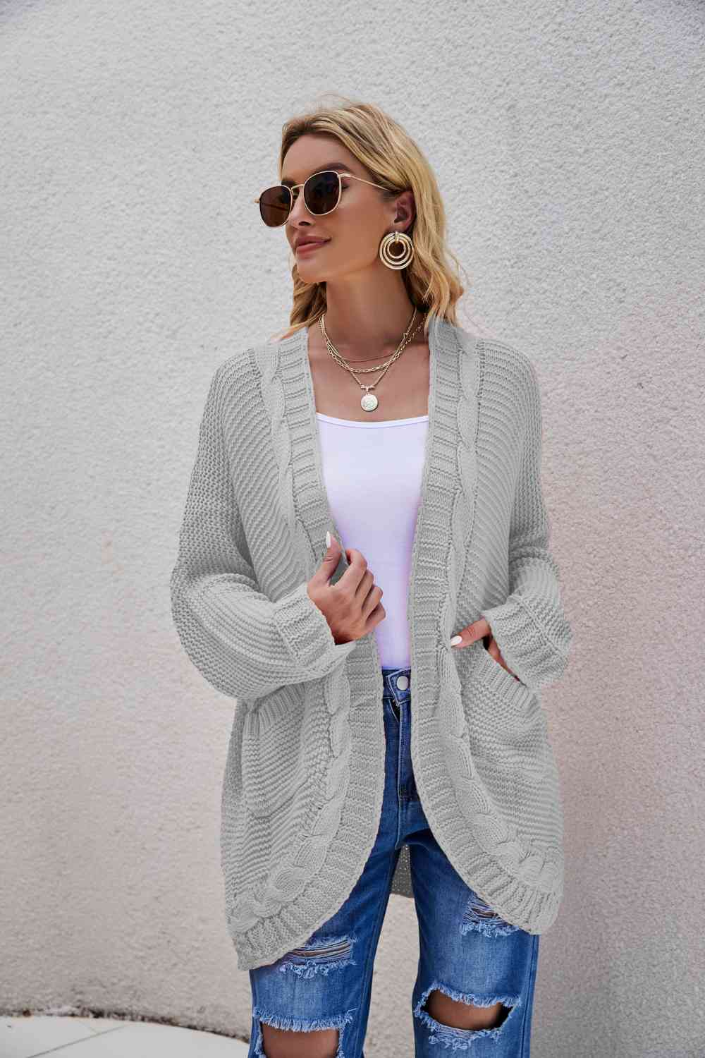 Woven Right Cable-Knit Curved Hem Open Front Cardigan