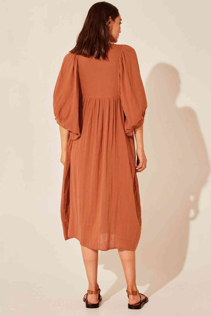 Tie Neck Lantern Sleeve Midi Dress