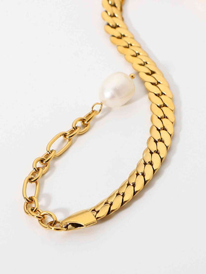 Thick Curb Stainless Steel Chain Bracelet with Pearl