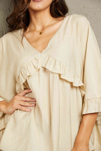 Double Take Ruffled V-Neck Half Sleeve Blouse