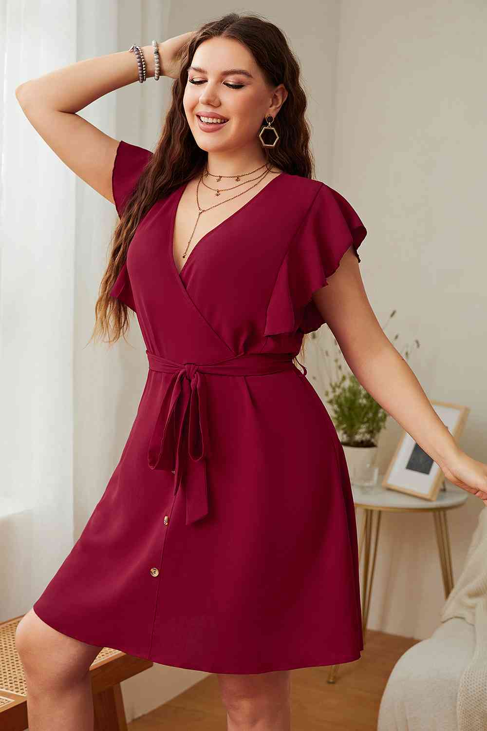 Plus Size Surplice Neck Tie Waist Dress