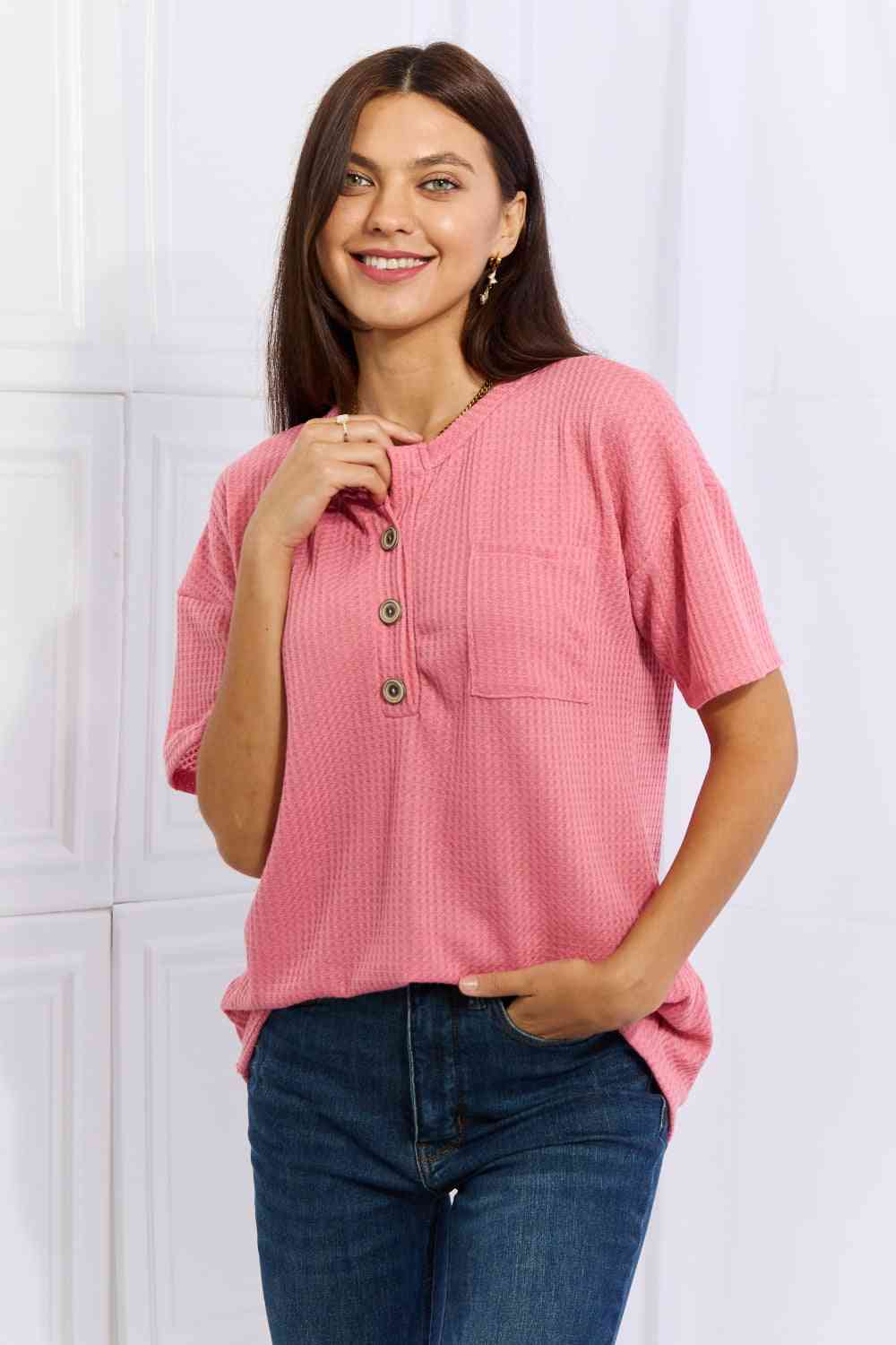 Heimish Made For You Full Size 1/4 Button Down Waffle Top in Coral