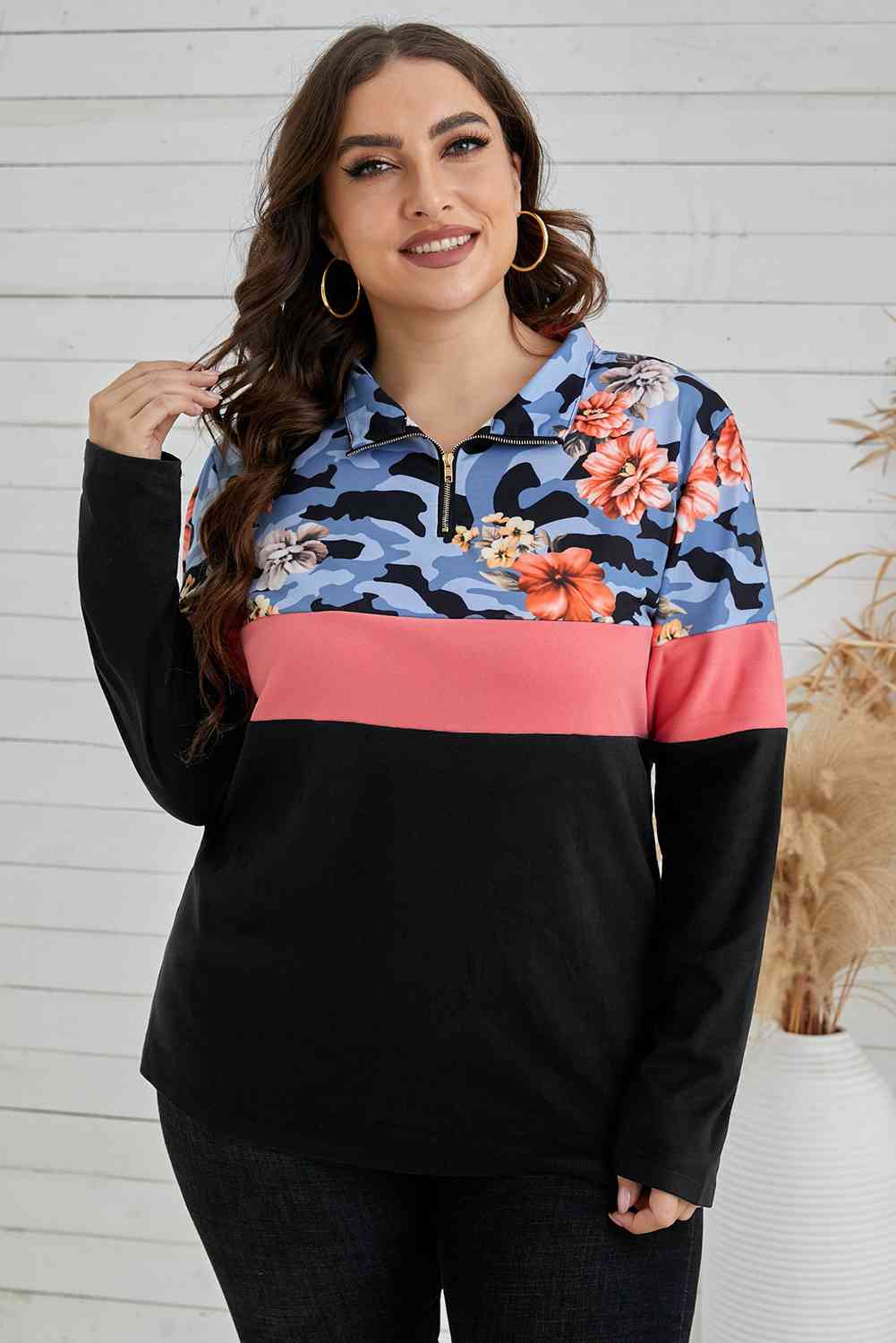 Plus Size Floral Color Block Quarter Zip Top