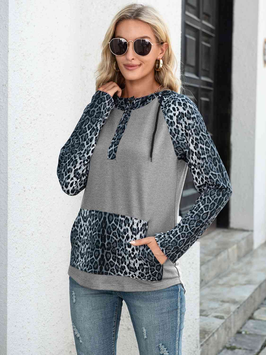 Leopard Drawstring Half Button Hoodie