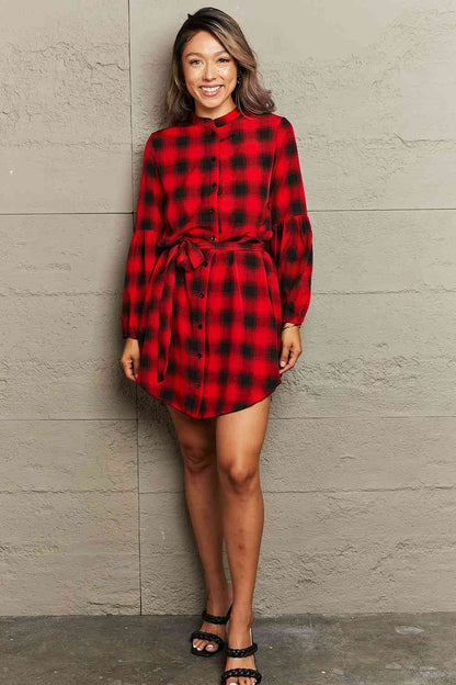 Plaid Tie Waist Balloon Sleeve Mini Dress