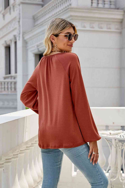 V-Neck Raglan Sleeve Ruched Detail Top