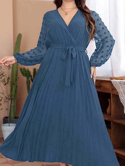 Robe Longue à Pois Suisse avec Lien à la Taille de Grande Taille