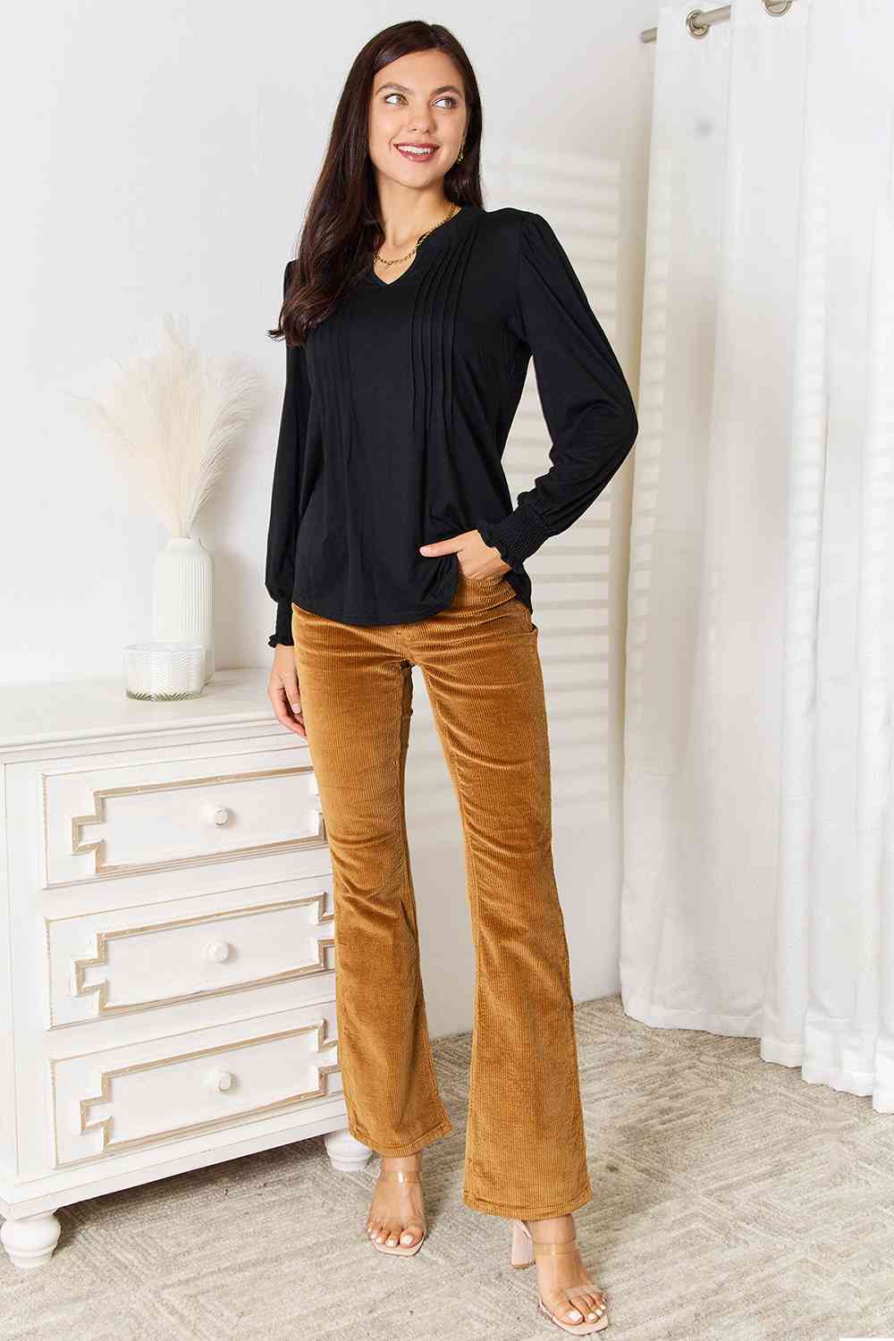 Double Take Ruched Notched Neck Puff Sleeve Blouse