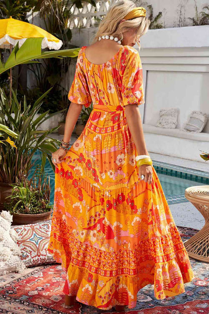 Robe longue bohème étagée à taille nouée