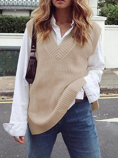 Gilet pull côtelé sans manches à col en V