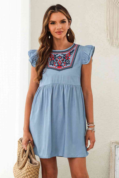 Round Neck Flutter Sleeve Dress