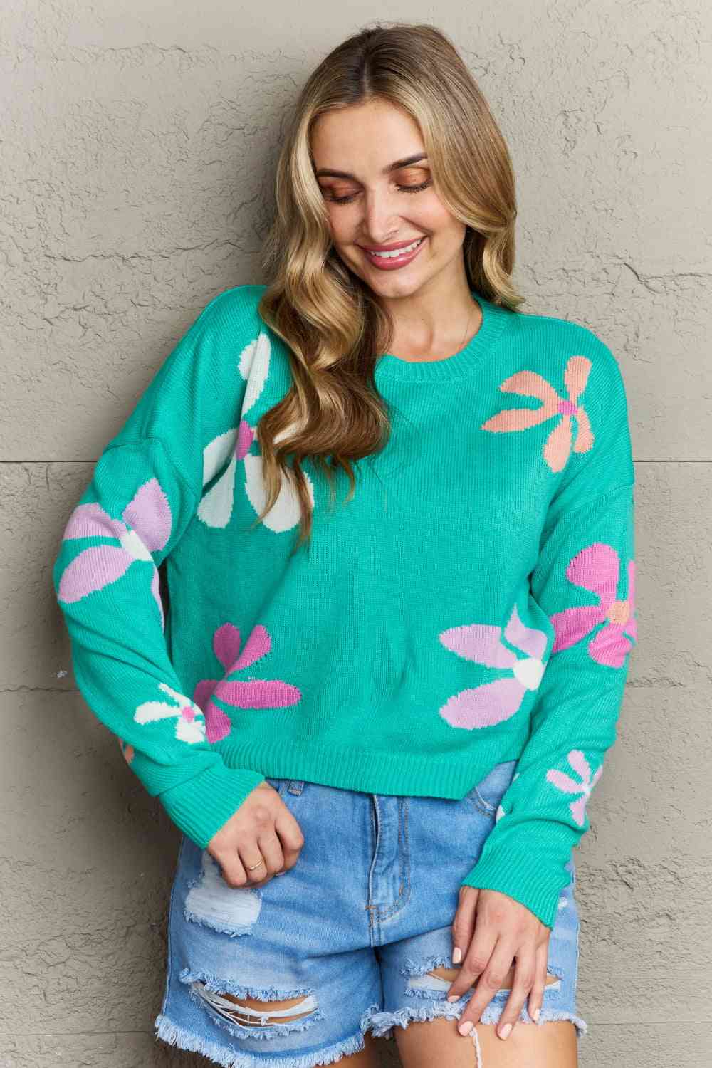 Floral Dropped Shoulder Ribbed Trim Sweater