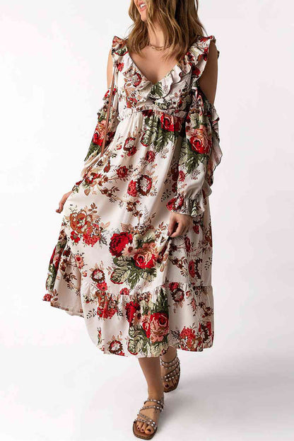 Vestido floral con hombros descubiertos y volantes