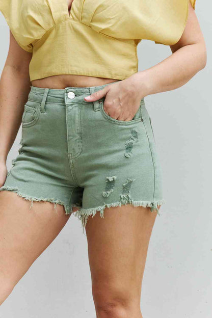 RISEN Katie Full Size High Waisted Distressed Shorts in Gum Leaf