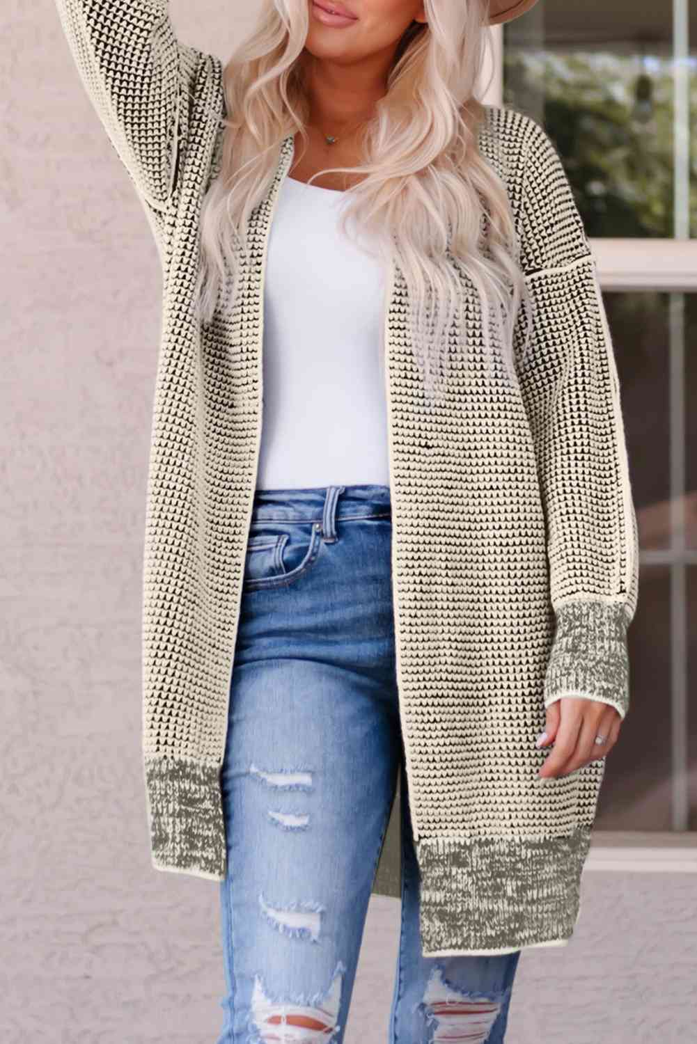 Cardigan long tissé chiné droit ouvert sur le devant