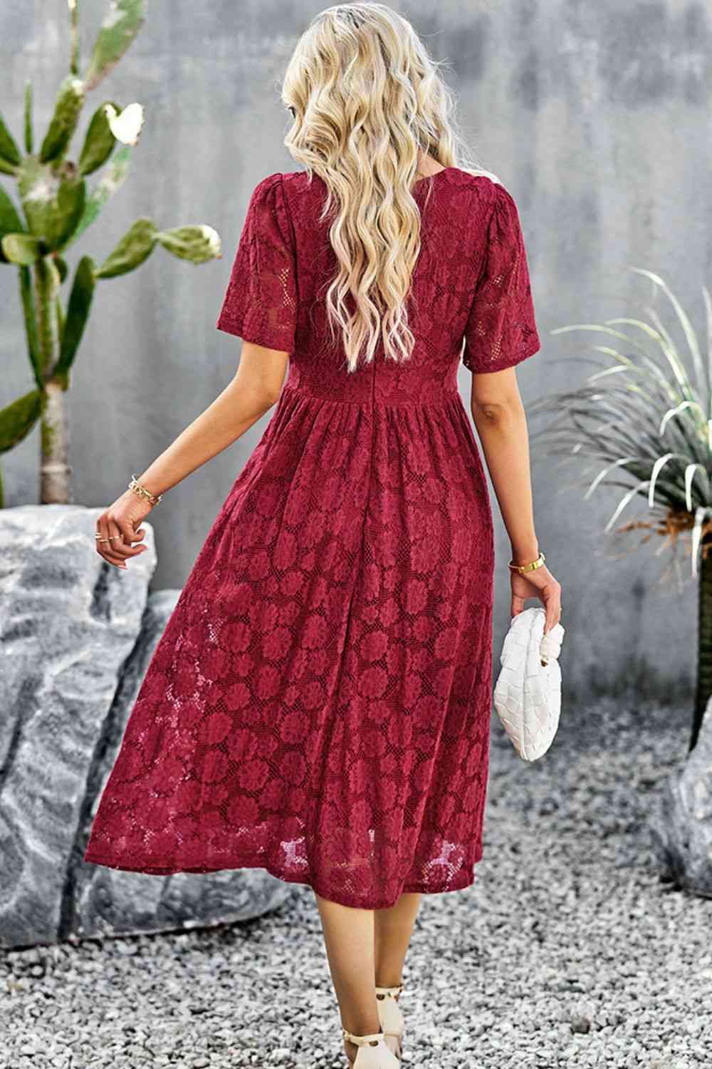 V-Neck Puff Sleeve Lace Midi Dress