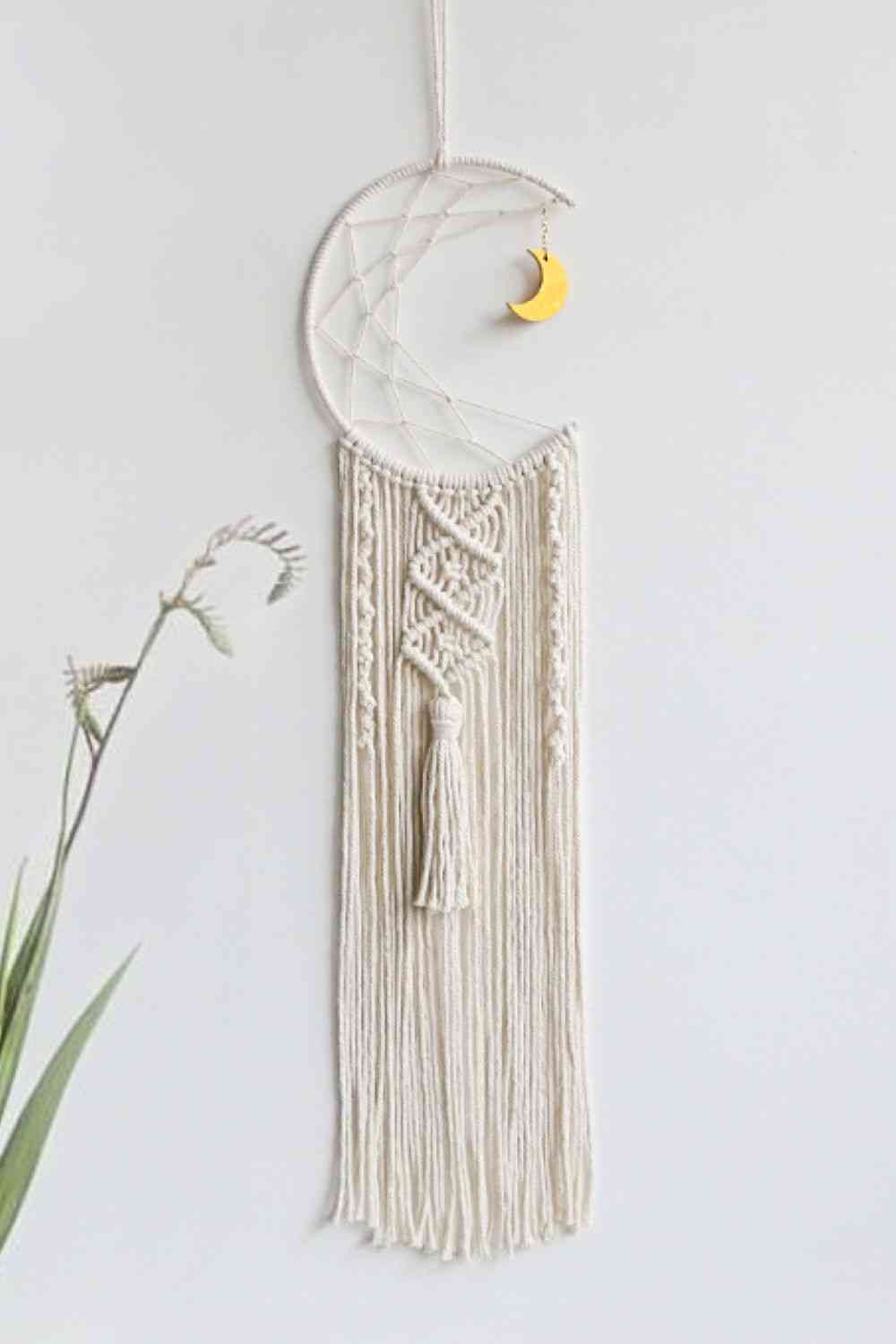 Colgante de pared bohemio de macramé con forma de luna tejido a mano