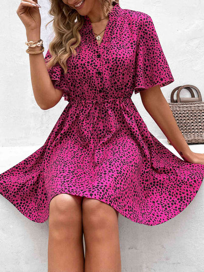 Printed Drawstring Waist Flutter Sleeve Dress