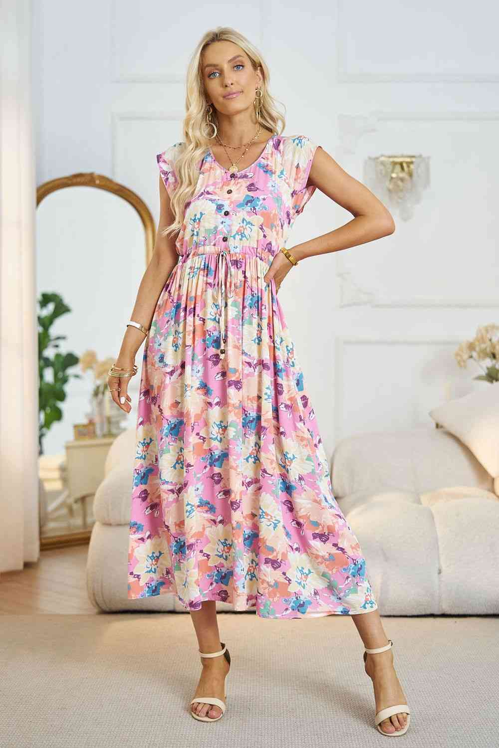 Robe midi trapèze fleurie à col en V