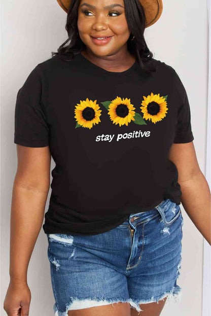 Camiseta de algodón con estampado de girasoles STAY POSITIVE de tamaño completo de Simply Love